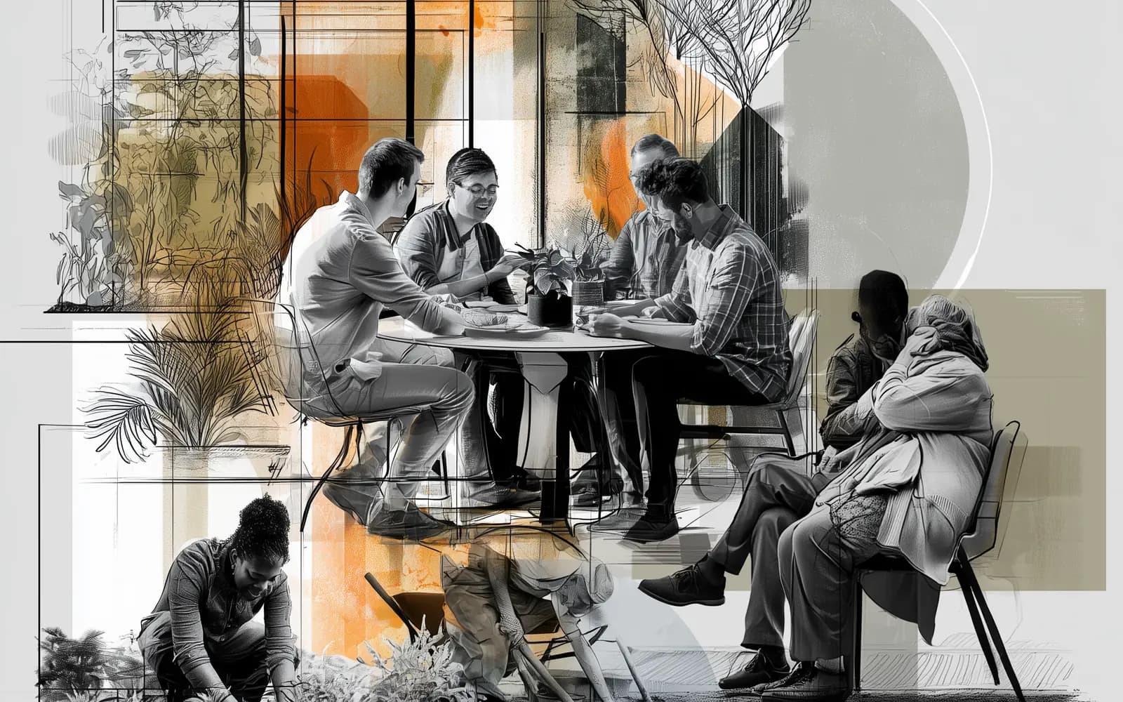 Friends at a table, and others tending a garden.